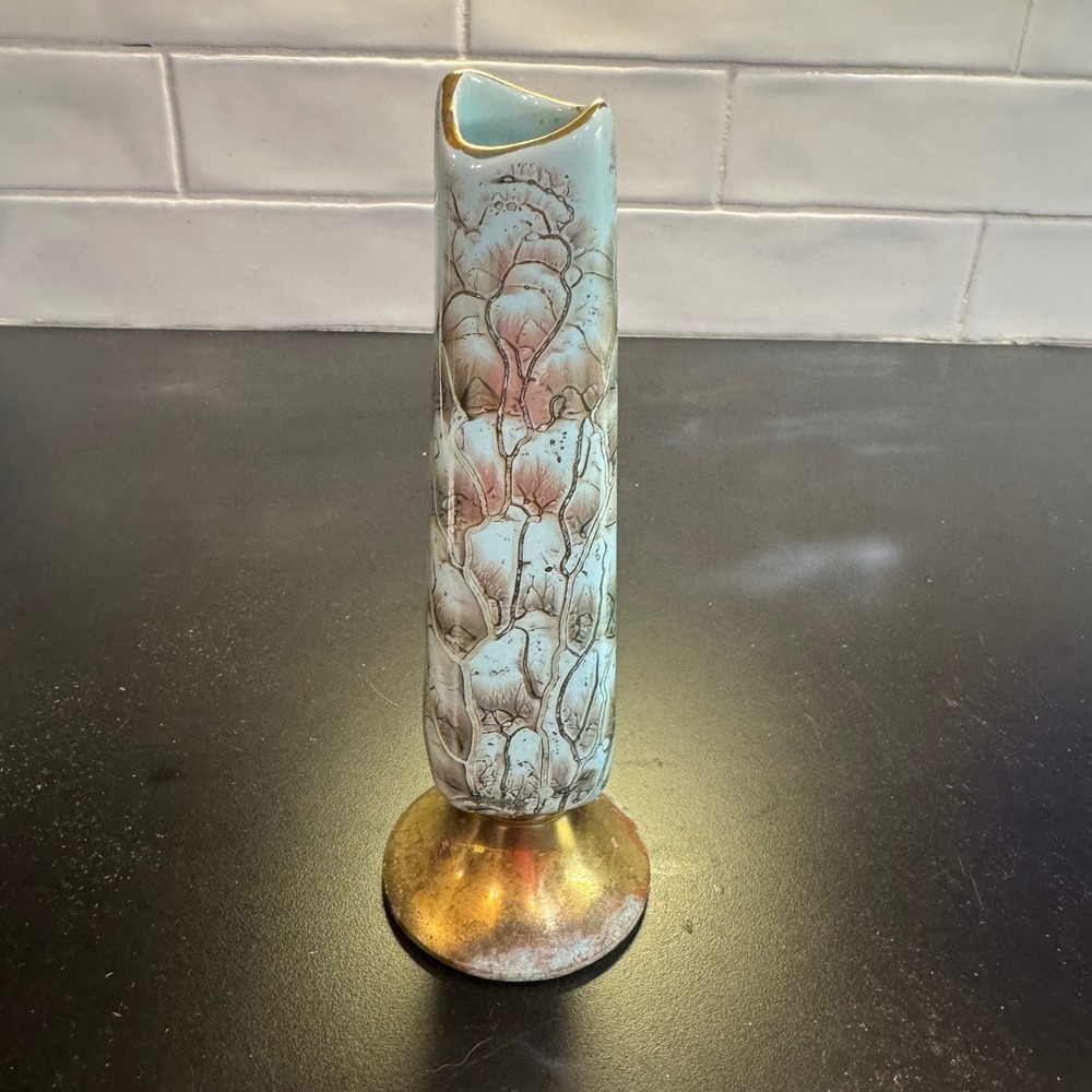 Vintage Bud Vase Home Decor 8in Blue Gold Marbled Mid Century Pedestal Ceramic